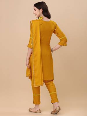 Designer yellow color rayon fabric aari work kurta plazzo pant with dupatta 2