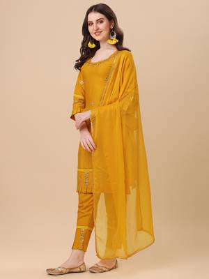 Designer yellow color rayon fabric aari work kurta plazzo pant with dupatta 3