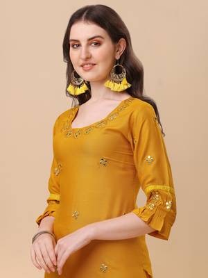 Designer yellow color rayon fabric aari work kurta plazzo pant with dupatta 4