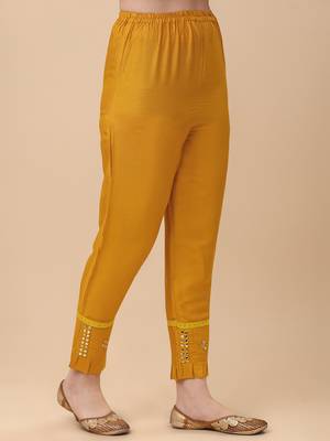 Designer yellow color rayon fabric aari work kurta plazzo pant with dupatta 5