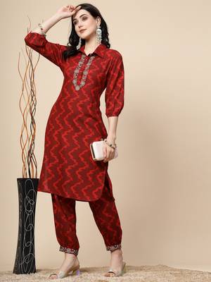 Women maroon color embroidery kurta pant set 1