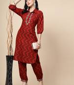 Women maroon color embroidery kurta pant set