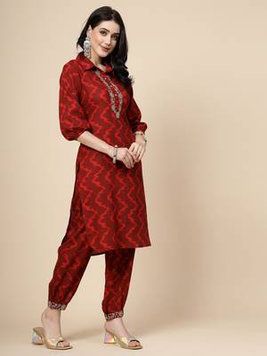 Women maroon color embroidery kurta pant set 2