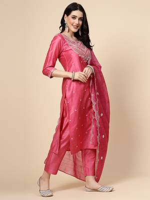 Women pink color embroidery kurta pant with dupatta  set 2