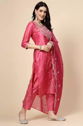 Women pink color embroidery kurta pant with dupatta  set