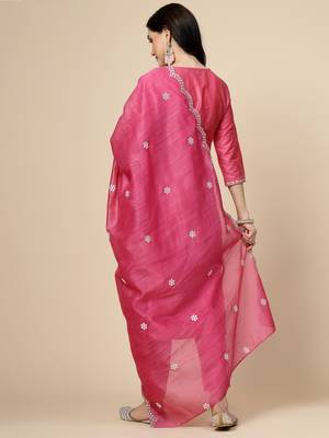 Women pink color embroidery kurta pant with dupatta  set 3