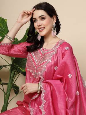 Women pink color embroidery kurta pant with dupatta  set 4