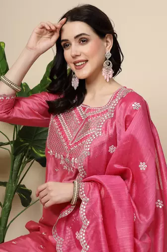 Women pink color embroidery kurta pant with dupatta  set