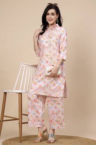 Women multi color coller embroidery printed kurta pant set
