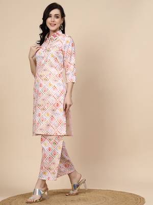 Women multi color coller embroidery printed kurta pant set 2