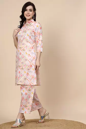 Women multi color coller embroidery printed kurta pant set