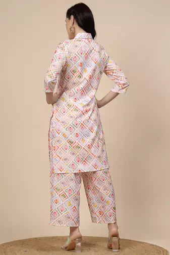 Women multi color coller embroidery printed kurta pant set