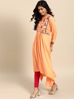 Rangmayee women peach-coloured & pink floral yoke design thread work kurta 3