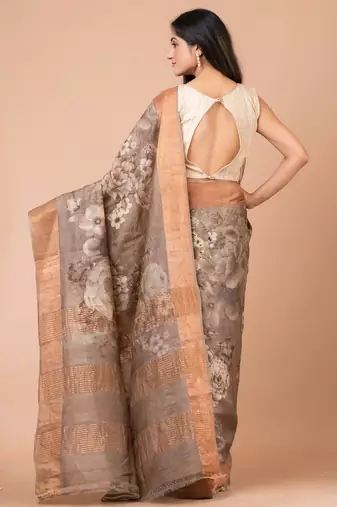 Indiloom Beige Digital Print Tussar Zari Saree With Blouse Print
