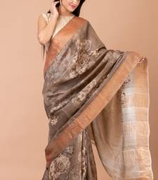 Indiloom Beige Digital Print Tussar Zari Saree With Blouse Print