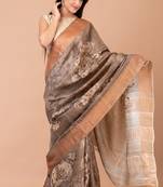 Indiloom Beige Digital Print Tussar Zari Saree With Blouse Print