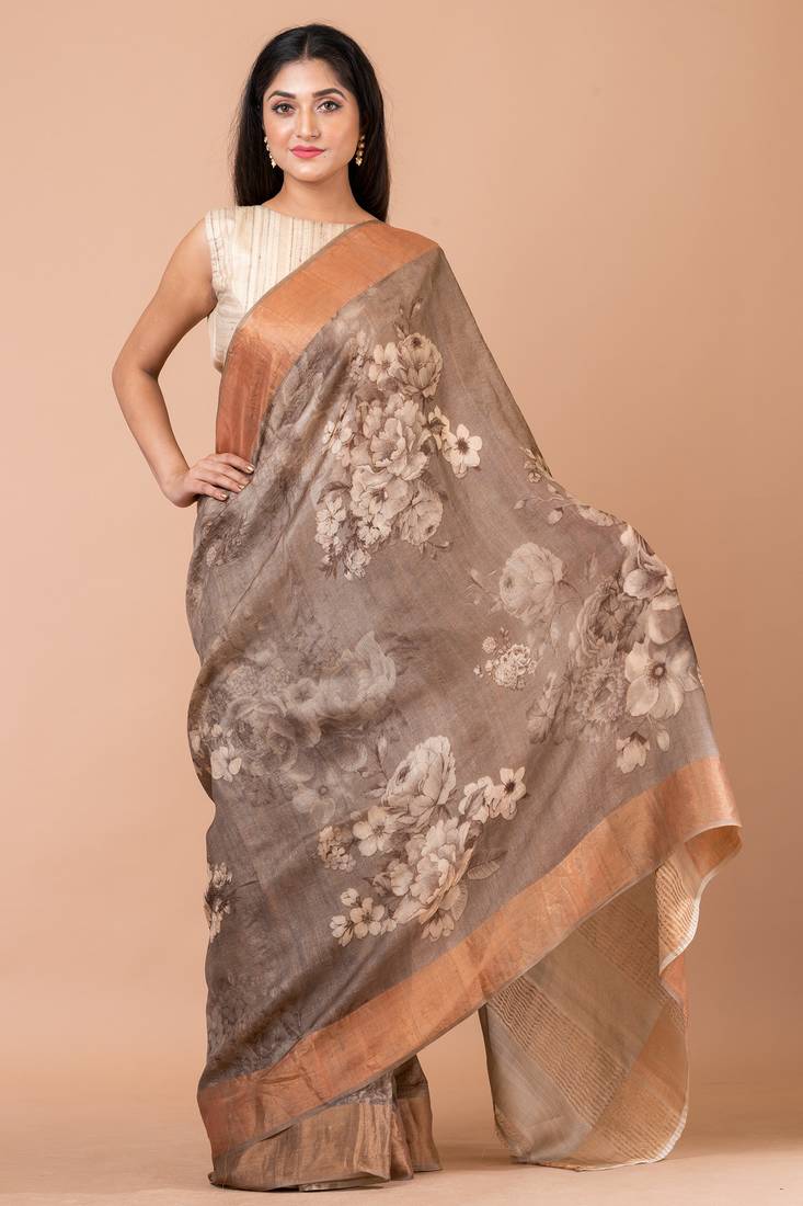 Indiloom Beige Digital Print Tussar Zari Saree With Blouse Print