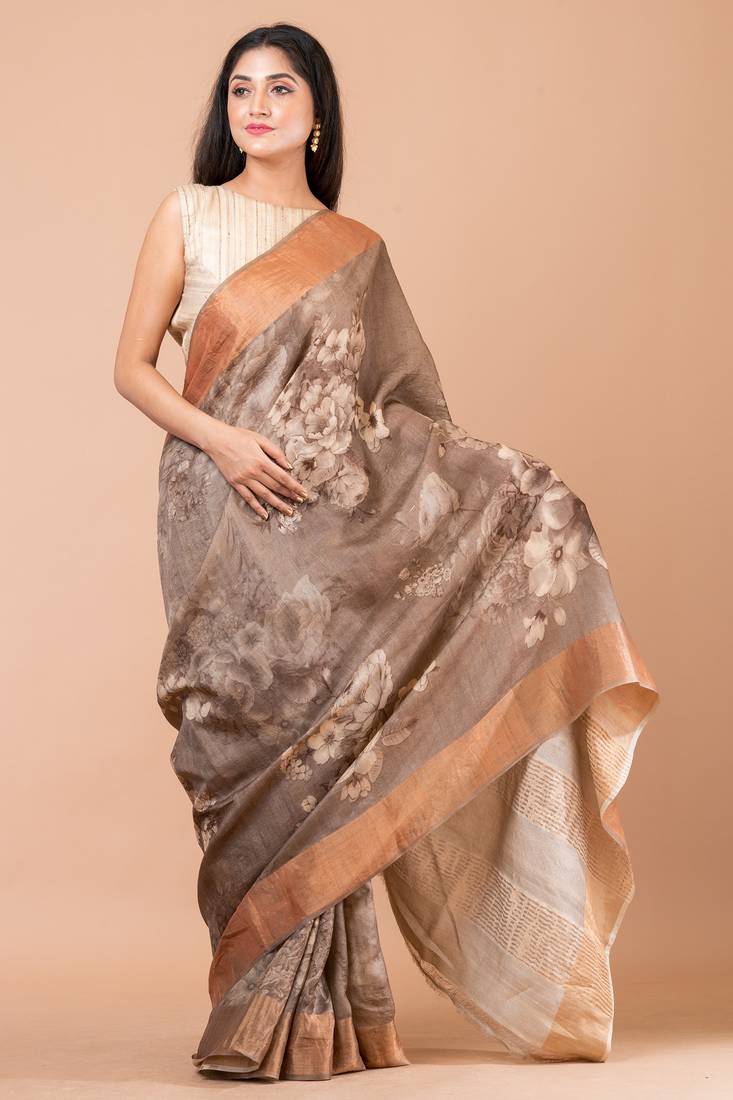 Indiloom Beige Digital Print Tussar Zari Saree With Blouse Print