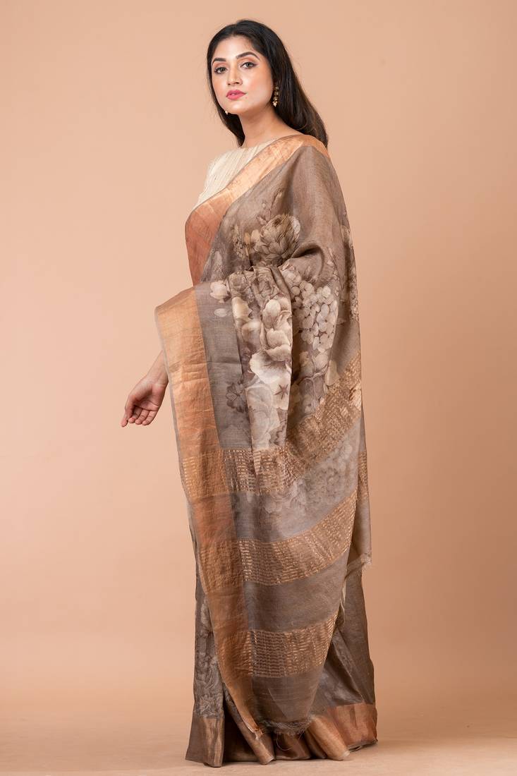 Indiloom Beige Digital Print Tussar Zari Saree With Blouse Print