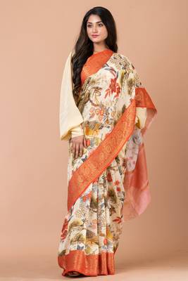 Indiloom Pale Yellow Digital Print Chanderi Zari Saree With Blouse Piece 1