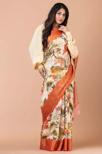 Indiloom Pale Yellow Digital Print Chanderi Zari Saree With Blouse Piece