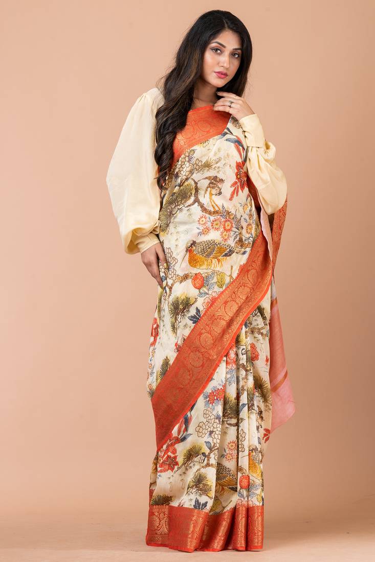 Indiloom Pale Yellow Digital Print Chanderi Zari Saree With Blouse Piece