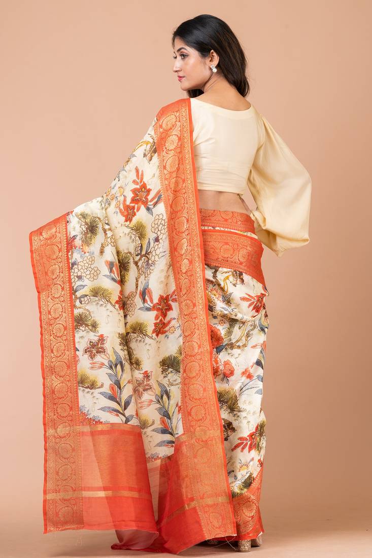 Indiloom Pale Yellow Digital Print Chanderi Zari Saree With Blouse Piece