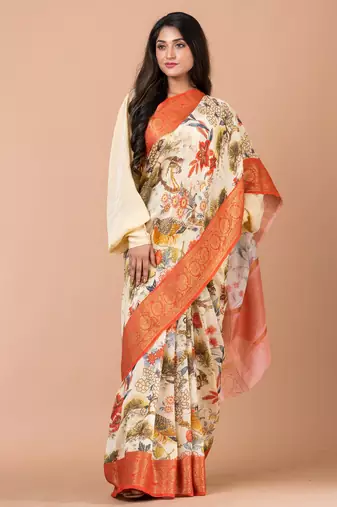 Indiloom Pale Yellow Digital Print Chanderi Zari Saree With Blouse Piece