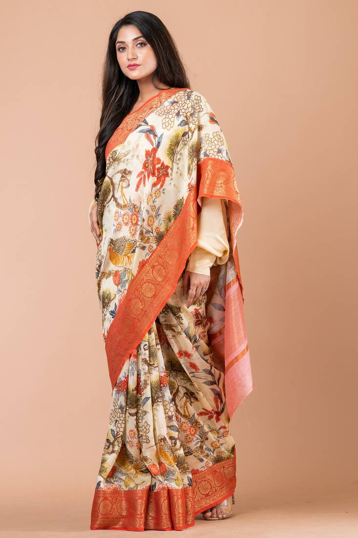 Indiloom Pale Yellow Digital Print Chanderi Zari Saree With Blouse Piece