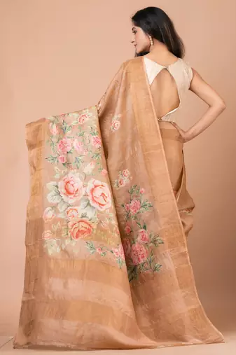 Indiloom Light Brown Digital Print Tussar Zari Saree With Blouse Print