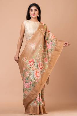 Indiloom Light Brown Digital Print Tussar Zari Saree With Blouse Print 1
