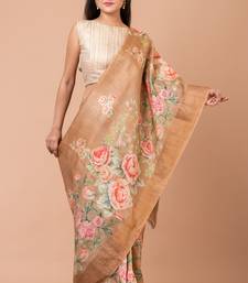Indiloom Light Brown Digital Print Tussar Zari Saree With Blouse Print