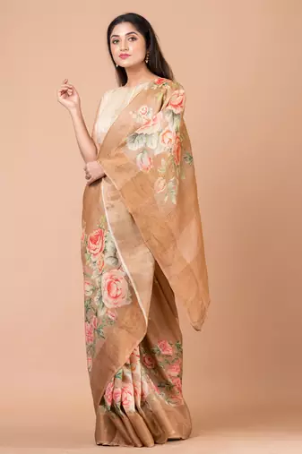 Indiloom Light Brown Digital Print Tussar Zari Saree With Blouse Print
