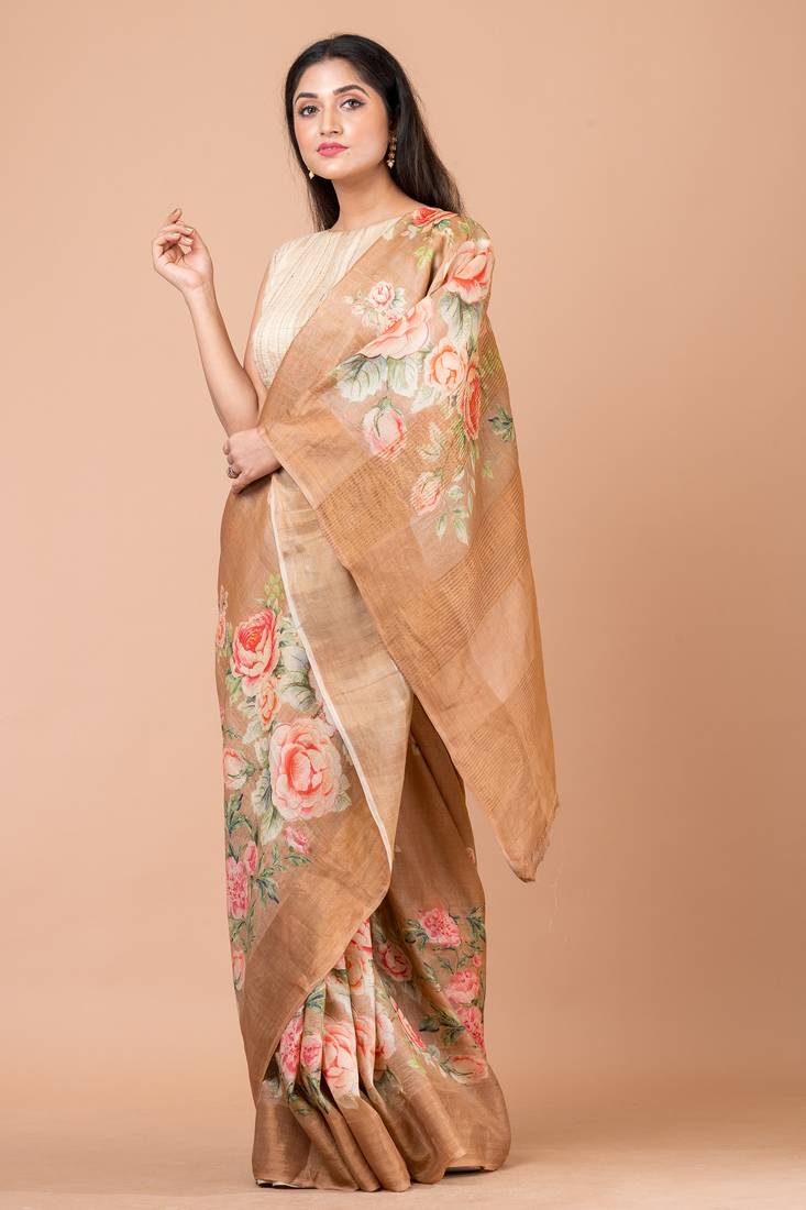 Indiloom Light Brown Digital Print Tussar Zari Saree With Blouse Print