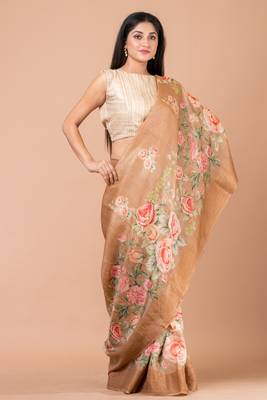 Indiloom Light Brown Digital Print Tussar Zari Saree With Blouse Print 4