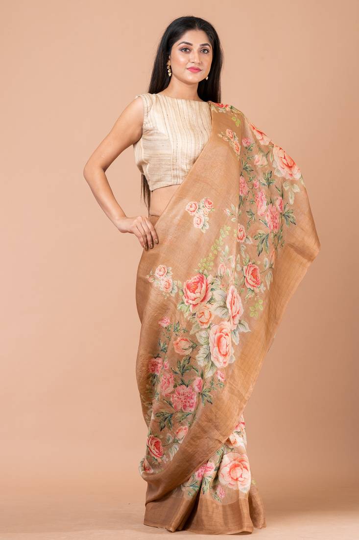 Indiloom Light Brown Digital Print Tussar Zari Saree With Blouse Print
