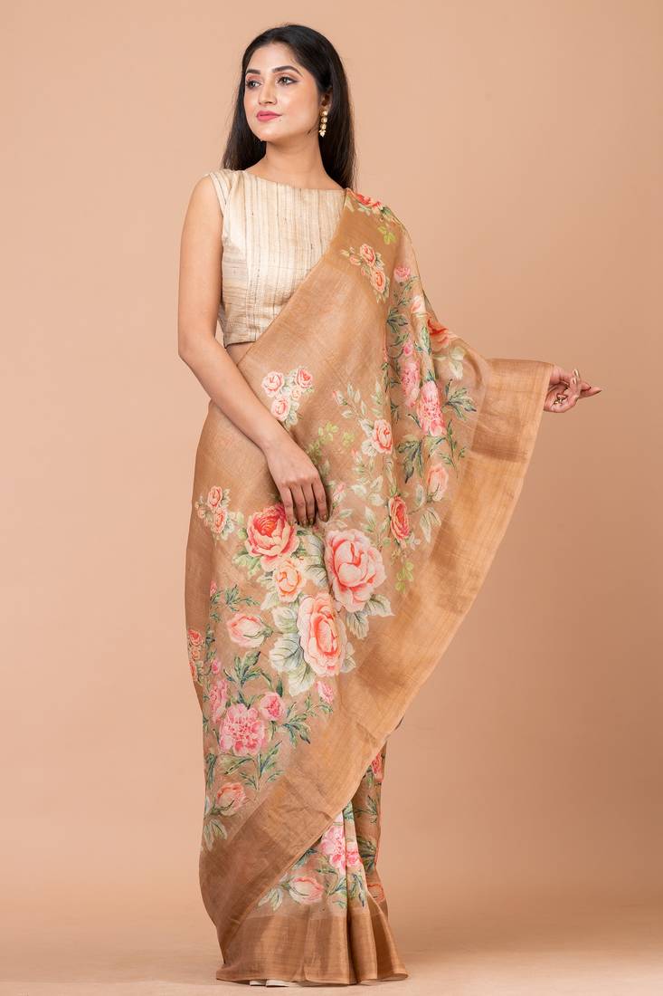 Indiloom Light Brown Digital Print Tussar Zari Saree With Blouse Print