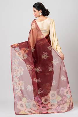 Indiloom Brown hand machine pita work on motifs Digital Print Organza Saree With Blouse Piece 2