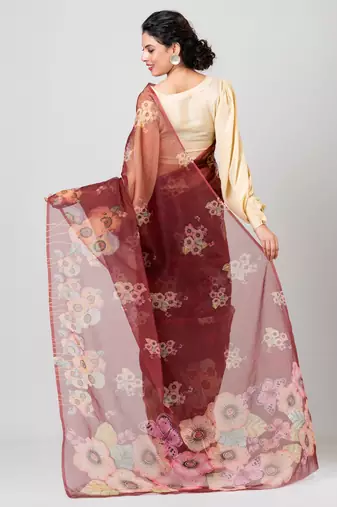 Indiloom Brown hand machine pita work on motifs Digital Print Organza Saree With Blouse Piece