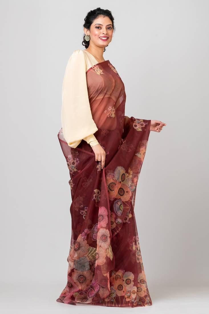 Indiloom Brown hand machine pita work on motifs Digital Print Organza Saree With Blouse Piece