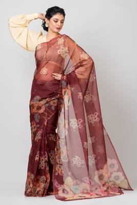 Indiloom Brown hand machine pita work on motifs Digital Print Organza Saree With Blouse Piece 1