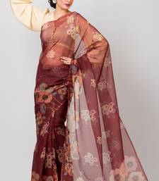 Indiloom Brown hand machine pita work on motifs Digital Print Organza Saree With Blouse Piece