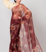 Indiloom Brown hand machine pita work on motifs Digital Print Organza Saree With Blouse Piece