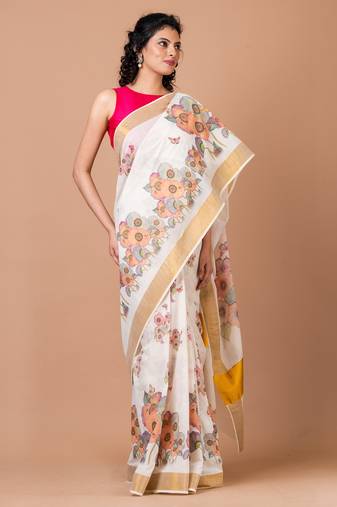 Indiloom White Digital Print Kasavu Kerela Cotton Saree With Blouse Piece