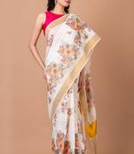 Indiloom White Digital Print Kasavu Kerela Cotton Saree With Blouse Piece