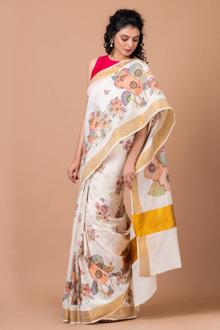 Indiloom White Digital Print Kasavu Kerela Cotton Saree With Blouse Piece