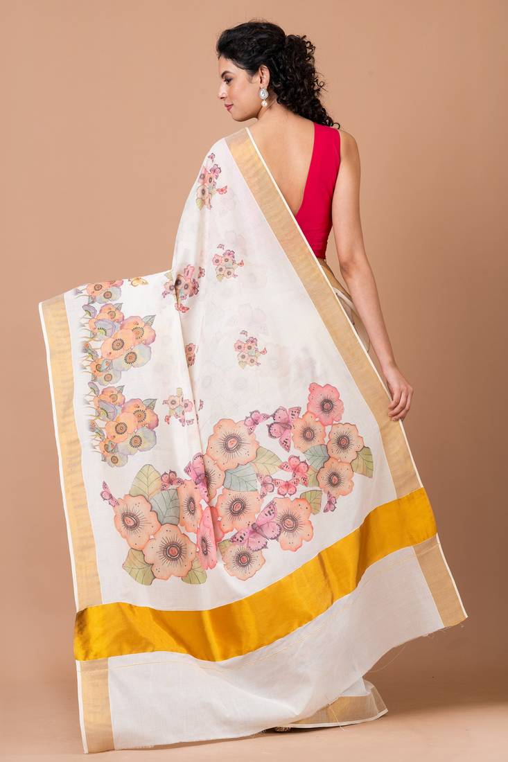 Indiloom White Digital Print Kasavu Kerela Cotton Saree With Blouse Piece