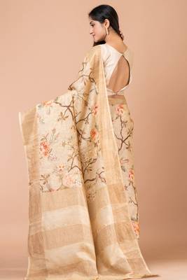 Indiloom Beige Digital Print Tussar Zari Saree With Blouse Print 2