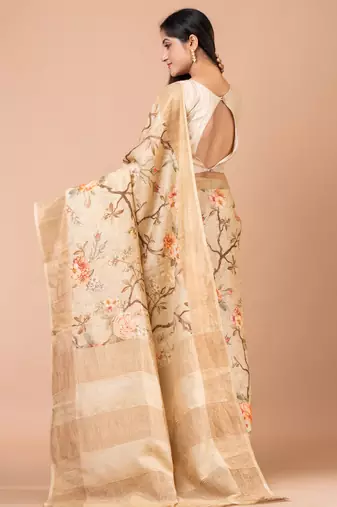 Indiloom Beige Digital Print Tussar Zari Saree With Blouse Print