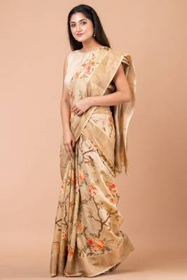 Indiloom Beige Digital Print Tussar Zari Saree With Blouse Print 3
